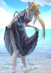  1girl air bent_over blonde_hair dress dress_shirt highres kamio_misuzu koruse long_hair shirt solo standing wading water 