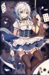  1girl alternate_costume apron black_legwear blue_eyes braid breasts card choker cleavage garter_straps gears izayoi_sakuya knife looking_at_viewer maid_headdress mouth_hold playing_card pocket_watch ribbon short_hair short_sleeves silver_hair skirt solo soulkiller thigh-highs throwing_knife touhou twin_braids waist_apron watch wrist_cuffs zettai_ryouiki 