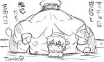  1boy 1girl admiral_(kantai_collection) artist_name back-to-back bath comic folded_ponytail hat inazuma_(kantai_collection) kantai_collection lineart monochrome muscle partially_submerged peaked_cap smile tonda translation_request 