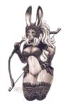  1girl animal_ears armor bow_(weapon) breasts cleavage cropped_legs dark_skin final_fantasy final_fantasy_xii fingerless_gloves fran gloves greyscale hand_on_hip helmet iahfy long_hair monochrome navel over_shoulder rabbit_ears see-through solo thigh-highs vambraces viera weapon weapon_over_shoulder 