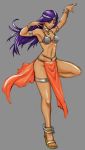  1girl anklet armlet arms_up belt bracelet breasts choker circlet cleavage dark_skin dragon_quest dragon_quest_iv ds_(ds310) earrings grey_background grin highres jewelry legs loincloth long_hair looking_at_viewer manya purple_hair sandals smile solo violet_eyes 