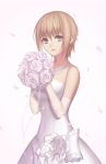  1girl blonde_hair bouquet bride character_request dress elbow_gloves flower gloves grey_eyes jewelry light_smile necklace pearl_necklace petals rose short_hair solo strapless_dress wedding_dress white_background white_dress white_gloves white_rose zek_(zecola) 