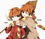  2boys \m/ aru_(iceland) blue_eyes broom brothers brown_coat character_name coat double_\m/ fred_weasley george_weasley grin harry_potter highres multiple_boys one_eye_closed orange_hair red_coat scarf shared_scarf siblings smile twins younger 