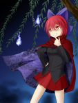  1girl bow divine_spirit grin hair_bow hand_on_hip heisotsu_(otanushi) red_eyes redhead sekibanki shirt short_hair skirt smile touhou tree 