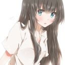  1girl black_hair blue_eyes hiro_(hirohiro31) long_hair looking_at_viewer open_mouth original shirt simple_background solo sunken_cheeks white_background 