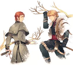  2boys axe blonde_hair blue_eyes branch brown_eyes capelet cooru frozen_(disney) fur fur_trim gloves hans_(frozen) kristoff_(frozen) multiple_boys redhead rope short_hair sword tree_branch vest weapon 