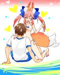  1boy 1girl animal_ears bikini blush bow breasts brown_hair caster_(fate/extra) fate/extra fate_(series) fox_ears fox_tail gym_uniform hair_bow heart kettle21 kishinami_hakuno_(male) large_breasts navel open_mouth pink_hair sweat swimsuit tail twintails 