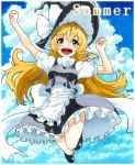  1girl :d apron blonde_hair bow braid clouds cloudy_sky dress hair_bow hat hat_bow jumping kirisame_marisa legs long_hair open_mouth puffy_short_sleeves puffy_sleeves sash shiratama_(hockey) short_sleeves single_braid sky smile solo summer touhou traditional_media turtleneck waist_apron witch_hat yellow_eyes 