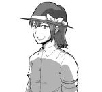  1girl bow hat hat_bow highres iroiro_yaru_hito looking_at_viewer monochrome open_mouth short_hair simple_background smile solo touhou usami_renko white_background 
