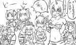  6+girls ahoge alternate_costume bangs blunt_bangs comic crossed_arms double_bun elbow_gloves gloves hair_ornament hair_ribbon headband horn horns i-19_(kantai_collection) kantai_collection long_hair monochrome multiple_girls nagara_(kantai_collection) naka_(kantai_collection) navel o_o one_eye_closed ponytail ribbon sailor_collar shiranui_(kantai_collection) short_hair tenryuu_(kantai_collection) thumbs_up tonda translation_request v yukikaze_(kantai_collection) yuudachi_(kantai_collection) 