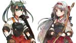  2girls arrow bow_(weapon) brown_eyes brown_hair flight_deck green_eyes grey_hair hair_ribbon hairband itomugi-kun japanese_clothes kantai_collection long_hair multiple_girls muneate quiver ribbon short_hair shoukaku_(kantai_collection) silver_hair skirt smile twintails weapon white_hair yugake zuikaku_(kantai_collection) 