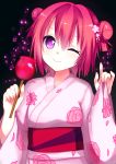  1girl akaza_akari candy_apple cute double_bun highres japanese_clothes kimono minorichi one_eye_closed purple_eyes redhead smile wink yukata yuru_yuri 