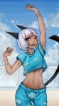  1girl alternate_costume animal_ears arms_up blue_eyes bob_cut cat_ears cat_tail crop_top dark_skin fangs highres midriff nadia_fortune navel one_eye_closed pajamas scar short_hair skullgirls solo stretch tail unsomnus waking_up white_hair 