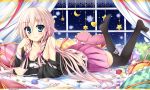  1girl bare_shoulders bed black_legwear blonde_hair blue_eyes blush braid breasts card cleavage curtains heart heart_pillow ia_(vocaloid) kneehighs kukan long_hair looking_at_viewer lying no_shoes off_shoulder pillow playing_card ribbon skirt smile star thigh-highs twin_braids vocaloid window 