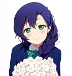  1girl blush bouquet braid bust flower green_eyes looking_at_viewer love_live!_school_idol_project ogipote purple_hair school_uniform single_braid smile solo toujou_nozomi white_background 