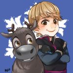  1boy blonde_hair blush brown_hair child crossed_arms frozen_(disney) fur_trim gloves kristoff_(frozen) lowres reindeer smile sven_(frozen) vest younger 