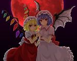  1girl ascot bat_wings blonde_hair blue_hair bust collared_shirt dress flandre_scarlet full_moon gradient gradient_background grey_background hands_clasped hands_together hat hat_ribbon highres light_smile looking_at_viewer mob_cap moon puffy_short_sleeves puffy_sleeves red_dress red_eyes red_moon remilia_scarlet ribbon ribbon-trimmed_sleeves ribbon_trim ringed_eyes shirt short_hair short_sleeves side_ponytail simple_background skirt smile solo touhou vest wings 