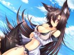  1girl animal_ears bikini black_hair breast_hold breasts cleavage clouds desukingu dress dutch_angle front-tie_top imaizumi_kagerou large_breasts long_hair looking_at_viewer midriff navel open_clothes open_dress red_eyes revision side-tie_bottom sky solo strap_pull swimsuit tail touhou very_long_hair wolf_ears wolf_tail 