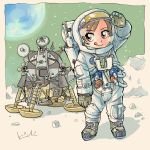  1girl 60s a7l apollo_11 apollo_program astronaut boots brown_eyes brown_hair eagle_(spacecraft) earth helmet kiichi lunar_module moon morita_yukari nasa oldschool real_life rocket_girls solo space space_craft spacesuit star tongue tongue_out visor 