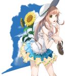  1girl brown_hair clouds fang flower frilled_skirt frills hat hitotose_hirune long_hair looking_at_viewer open_mouth original sandals_removed skirt sky solo sunflower yellow_eyes 