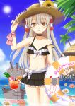  amatsukaze_(kantai_collection) bikini bikini_skirt black_bikini blue_sky cat flower grey_hair hat in_water innertube kantai_collection navel ookawa_wataru palm_tree rensouhou-kun sky strap_slip straw_hat sunflower swimsuit tree yellow_eyes 