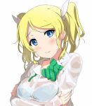  1girl alternate_hairstyle ayase_eli blonde_hair blue_bra blue_eyes blush bra bust hair_ribbon looking_at_viewer love_live!_school_idol_project ogipote ribbon see-through short_twintails solo twintails underwear wet wet_clothes white_background 