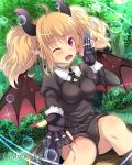 1girl angelmaster blonde_hair blush breasts bubble claws copyright_name demon_girl demon_horns demon_wings dress gloves horns kazumasa looking_at_viewer official_art one_eye_closed open_mouth pointy_ears smile solo twintails violet_eyes wings 