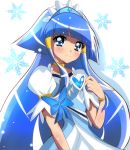  1girl aoki_reika blue_eyes blue_hair blush bow bracelet brooch choker color_connection cosplay cure_beauty cure_diamond cure_diamond_(cosplay) dokidoki!_precure hair_tubes hairband haru_(nature_life) jewelry long_hair magical_girl payot precure ribbon smile smile_precure! snowflakes solo white_background 