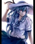  1girl casual grey_hair hand_on_headwear hat koubou long_hair looking_at_viewer original parted_lips pillarboxed red_eyes smile solo straw_hat wind 