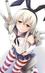  &gt;_&lt; 1girl :3 blonde_hair blue_skirt blush brown_eyes elbow_gloves gloves hairband hand_on_hip highres kantai_collection long_hair looking_at_viewer navel rensouhou-chan shimakaze_(kantai_collection) skirt smile solo striped striped_legwear takacchi thigh-highs white_gloves 