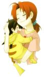  1boy 1girl ash_ketchum_(pokemon) closed_eyes hanako_(pokemon) heki_setsuna hug mother_and_son open_mouth pajamas pokemon satoshi_(pokemon) smile white_background younger 