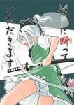  1girl bloomers blue_eyes bow cover cover_page from_behind from_below fuuzasa hair_bow highres katana konpaku_youmu konpaku_youmu_(ghost) open_mouth sheath sheathed short_hair silver_hair solo sword touhou underwear weapon 