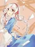  1girl alternate_hairstyle bespectacled blurry book braid carrying depth_of_field glasses hair_ornament hairband kagerou_project kozakura_mary light_brown_hair long_hair looking_at_viewer na2co3 object_hug open_mouth paper rimless_glasses single_braid solo wind 