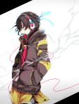 1girl black_hair blue_eyes enomoto_takane gas_mask hands_in_pockets headphones highres hoodie kagerou_project shiyunoa simple_background skirt solo twintails 