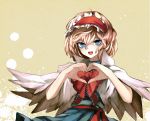  1girl :d alice_margatroid blonde_hair blue_eyes bowtie capelet eredhen hair_between_eyes heart heart_hands open_mouth popped_collar short_hair simple_background smile solo touhou 