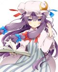  1girl book bow crescent_hair_ornament dyumo_(moffri) hair_bow hair_ornament hat long_hair patchouli_knowledge purple_hair solo touhou violet_eyes white_background 
