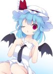  1girl alternate_costume bat_wings beni_shake blue_hair hat looking_at_viewer mob_cap one_eye_closed parted_lips red_eyes remilia_scarlet short_hair sitting solo touhou wings 