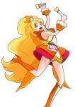  1girl :d alternate_form arms_up bakusai blonde_hair boots coconut_samba cure_honey dancing dual_wielding happinesscharge_precure! happy knee_boots long_hair oomori_yuuko open_mouth precure samba skirt smile solo very_long_hair wand white_background wrist_cuffs yellow_eyes 