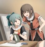  blush book bow brown_eyes brown_hair closed_eyes desk grey_hair hair_bow hands_on_hips kantai_collection kisetsu multiple_girls open_mouth ponytail school_uniform sendai_(kantai_collection) serafuku short_hair sitting skirt smile two_side_up yuubari_(kantai_collection) 