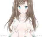  1girl alternate_costume asashio_(kantai_collection) blue_eyes blush breasts brown_hair cleavage dated hiro_(hirohiro31) kantai_collection long_hair looking_at_viewer open_mouth solo twitter_username undressing 