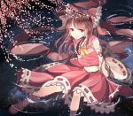  1girl aru_(iceland) ascot bobby_socks bow brown_hair cherry_blossoms detached_sleeves frilled_shirt_collar frilled_sleeves frills hakurei_reimu highres large_bow light_frown long_hair long_sleeves looking_away navel night night_sky partially_submerged red_eyes ribbon-trimmed_sleeves ribbon_trim sitting_on_water skirt skirt_set sky socks solo touhou vest water wide_sleeves 