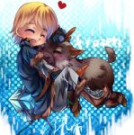  1boy blonde_hair blush boots carrot child closed_eyes frozen_(disney) fur_trim hug ice kristoff_(frozen) open_mouth reindeer short_hair sven_(frozen) vest younger 