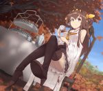  1girl ahoge bare_shoulders boots brown_eyes brown_hair cup detached_sleeves hair_ornament hairband headgear highres kantai_collection kongou_(kantai_collection) long_hair mku nontraditional_miko skirt smile solo tea_set teacup thigh-highs thigh_boots 