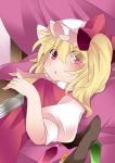  1girl ascot blonde_hair book bust commentary_request flandre_scarlet hammer_(sunset_beach) hat looking_at_viewer lying on_back open_mouth pillow red_eyes short_hair side_ponytail solo touhou wings 