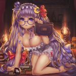 1girl alternate_headwear barefoot book book_stack breasts character_doll cleavage collarbone crescent_hair_ornament doll down_blouse fireplace flame glasses hair_ornament hair_ribbon hairband highres kirisame_marisa lamp large_breasts leaning_forward long_hair looking_at_viewer neck_ribbon nemo_(leafnight) patchouli_knowledge purple_hair ribbon solo touhou tress_ribbon very_long_hair violet_eyes 