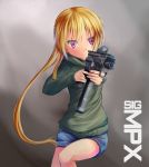  1girl blonde_hair denim denim_shorts dreadtie gun highres hoodie jessica_jefferson long_hair original ponytail red_eyes shorts sig_mpx solo very_long_hair weapon 