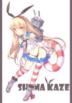  1girl blonde_hair character_name elbow_gloves gloves kantai_collection long_hair looking_at_viewer navel open_mouth pf pleated_skirt rensouhou-chan sailor_collar shimakaze_(kantai_collection) skirt string_panties striped striped_legwear swim_ring thigh-highs white_gloves yellow_eyes 