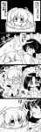 !? &gt;_&lt; +_+ 2girls 4koma blush bow bucket comic detached_sleeves flying_sweatdrops futa4192 gohei hair_bobbles hair_bow hair_ornament hair_ribbon hair_tubes hakurei_reimu hands_on_own_head highres holding in_bucket in_container japanese_clothes kisume monochrome multiple_girls open_mouth ribbon scythe smile smirk sparkle sweat tagme touhou translation_request twintails wavy_mouth 