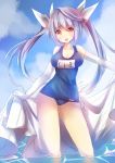  1girl absurdres arms_at_sides blue_hair blue_swimsuit bow breasts elbow_gloves gloves hair_bow highres i-19_(kantai_collection) kantai_collection looking_at_viewer open_mouth partially_submerged pimemomo pink_eyes school_swimsuit sky standing swimsuit twintails water white_gloves 