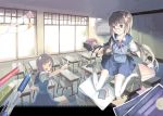  2girls ;d anmi blue_eyes book bow brown_eyes brown_hair chair classroom glasses hair_ornament holding long_hair mechanical_pencil multiple_girls one_eye_closed open_mouth original parted_lips pencil pointing rimless_glasses school_desk school_uniform smile thigh-highs white_legwear zettai_ryouiki 